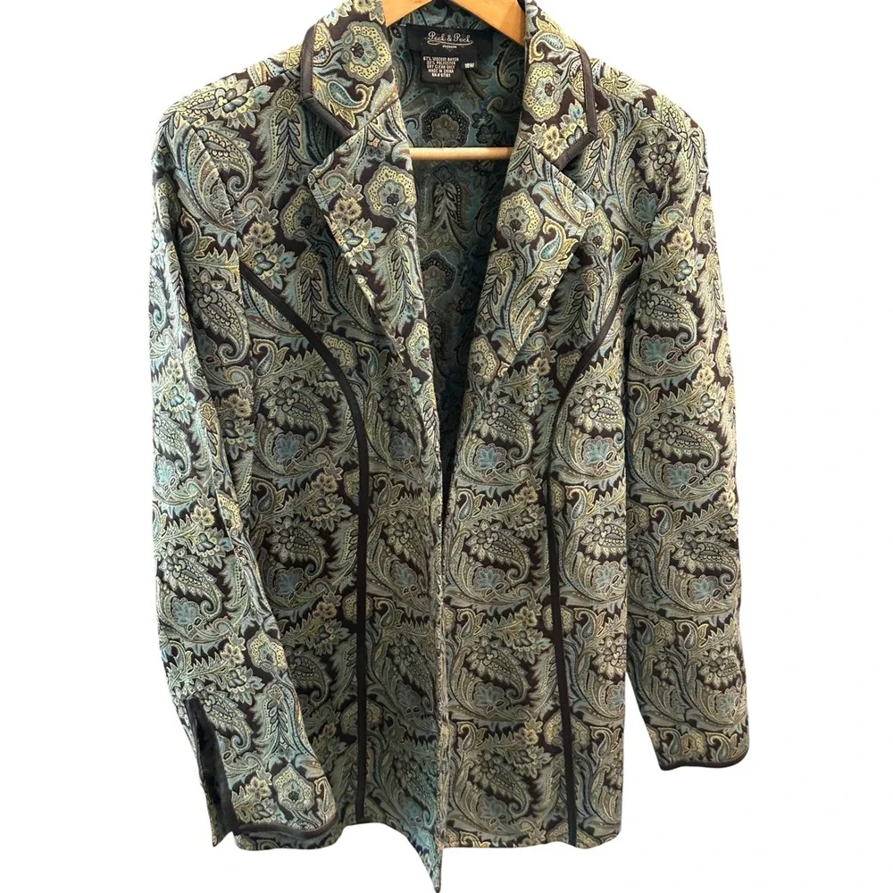 Peck & Peck Woman Paisley Tapestry Blazer Blue Teal Gold Plus Size 16W Jacket